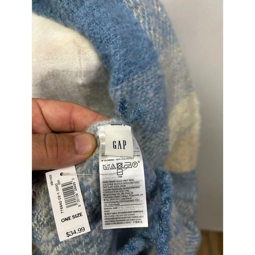 Cozy Soft Winter GAP Women One Size Blue Cream Plaid Oversized Blanket Scarf